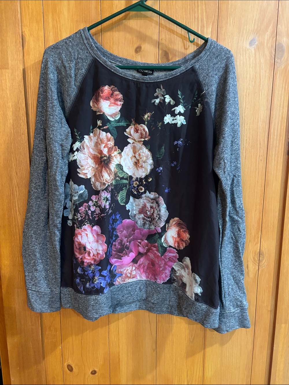 Express Black Floral Raglan Sweatshirt with Gray Sleeves